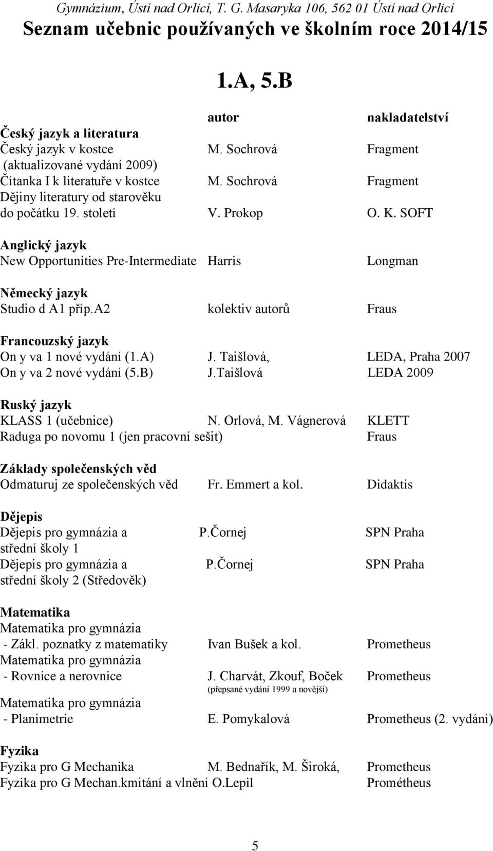 Taišlová, LEDA, Praha 2007 On y va 2 nové vydání (5.B) J.Taišlová LEDA 2009 Ruský jazyk KLASS 1 (učebnice) N. Orlová, M.