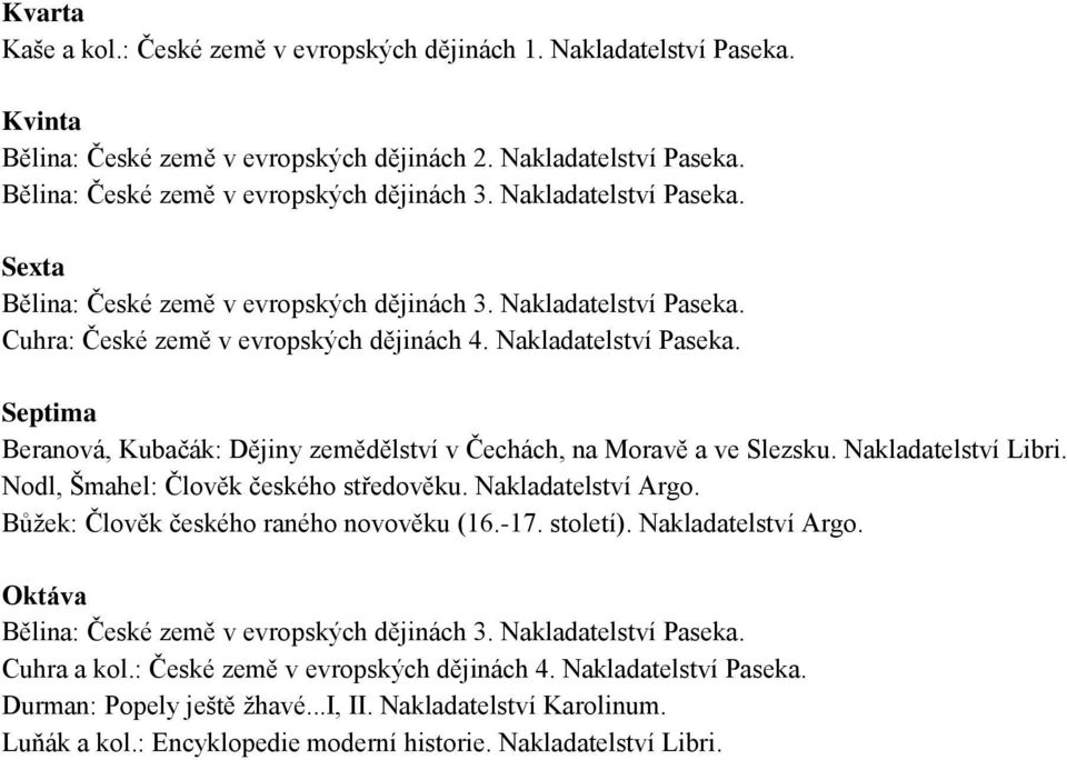 Nakladatelství Libri. Nodl, Šmahel: Člověk českého středověku. Nakladatelství Argo. Bůžek: Člověk českého raného novověku (16.-17. století). Nakladatelství Argo. Oktáva Bělina: České země v evropských dějinách 3.