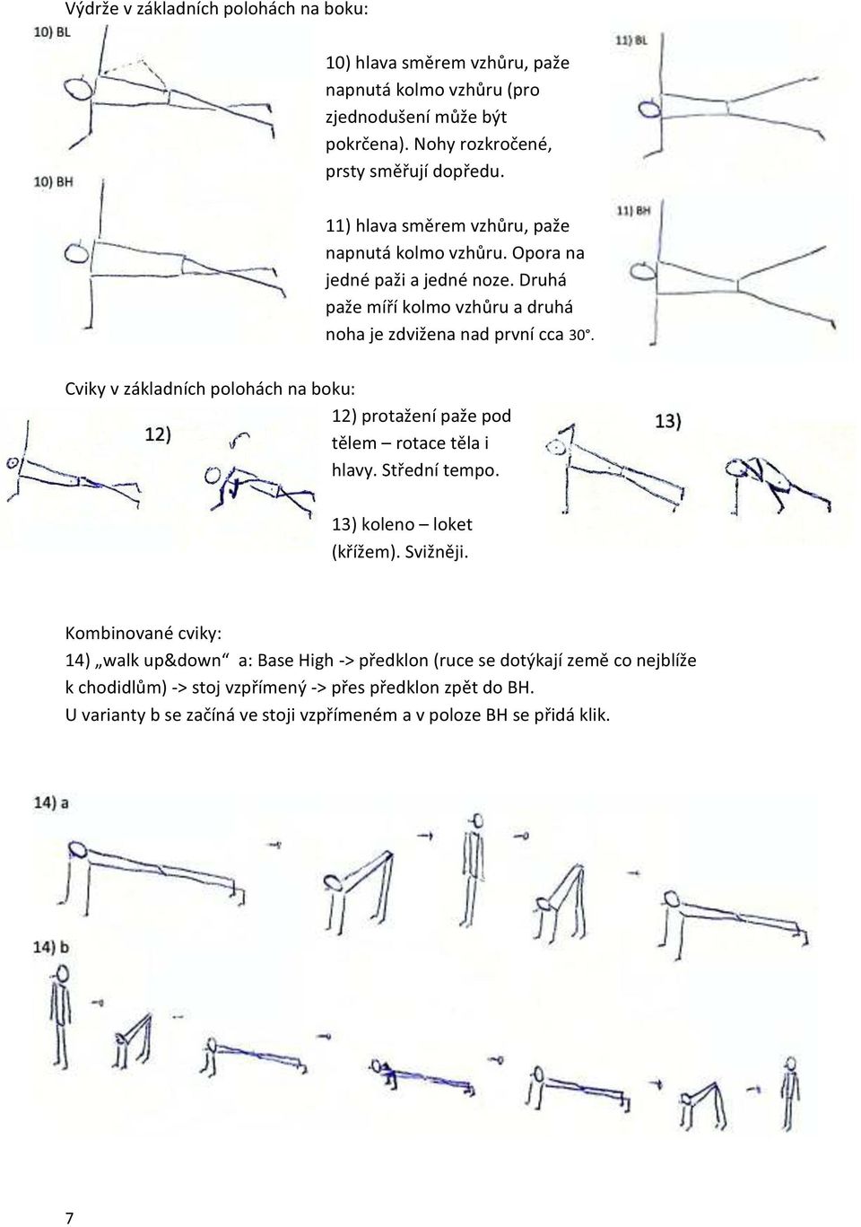 Cviky v základních polohách na boku: 12) protažení paže pod tělem rotace těla i hlavy. Střední tempo. 13) koleno loket (křížem). Svižněji.