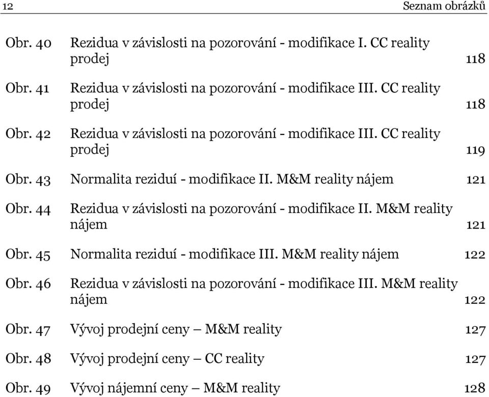 44 Rezidua v závislosti na pozorování - modifikace II. M&M reality nájem 121 Obr. 45 Normalita reziduí - modifikace III. M&M reality nájem 122 Obr.