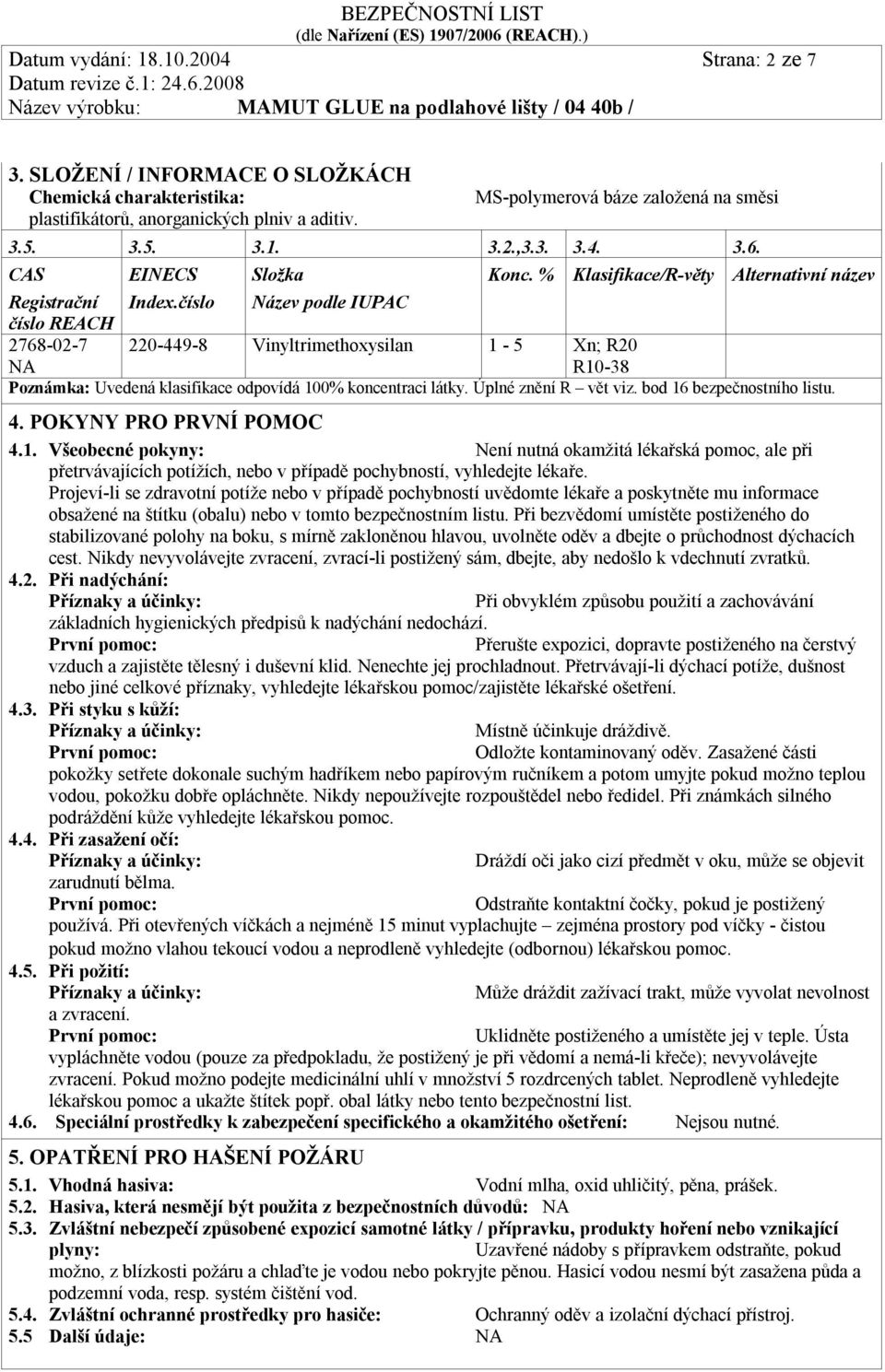 číslo Název podle IUPAC 2768-02-7 220-449-8 Vinyltrimethoxysilan 1-5 Xn; R20 R10-38 Poznámka: Uvedená klasifikace odpovídá 100% koncentraci látky. Úplné znění R vět viz. bod 16 bezpečnostního listu.