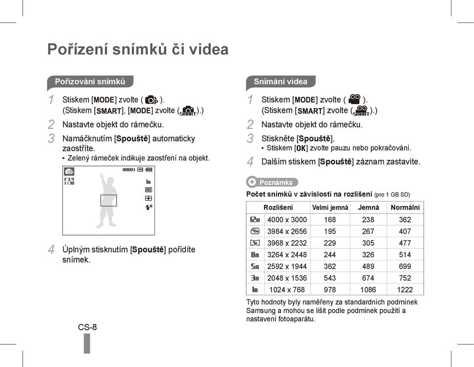 3 Stiskněte [ Spouště]. Stiskem [ ] zvolte pauzu nebo pokračování. 4 Dalším stiskem [ Spouště] záznam zastavíte.