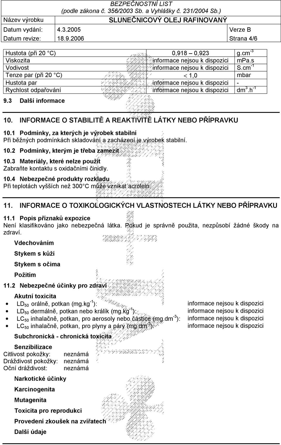 INFORMACE O STABILITĚ A REAKTIVITĚ LÁTKY NEBO PŘÍPRAVKU 10.1 Podmínky, za kterých je výrobek stabilní Při běžných podmínkách skladování a zacházení je výrobek stabilní. 10.2 Podmínky, kterým je třeba zamezit 10.