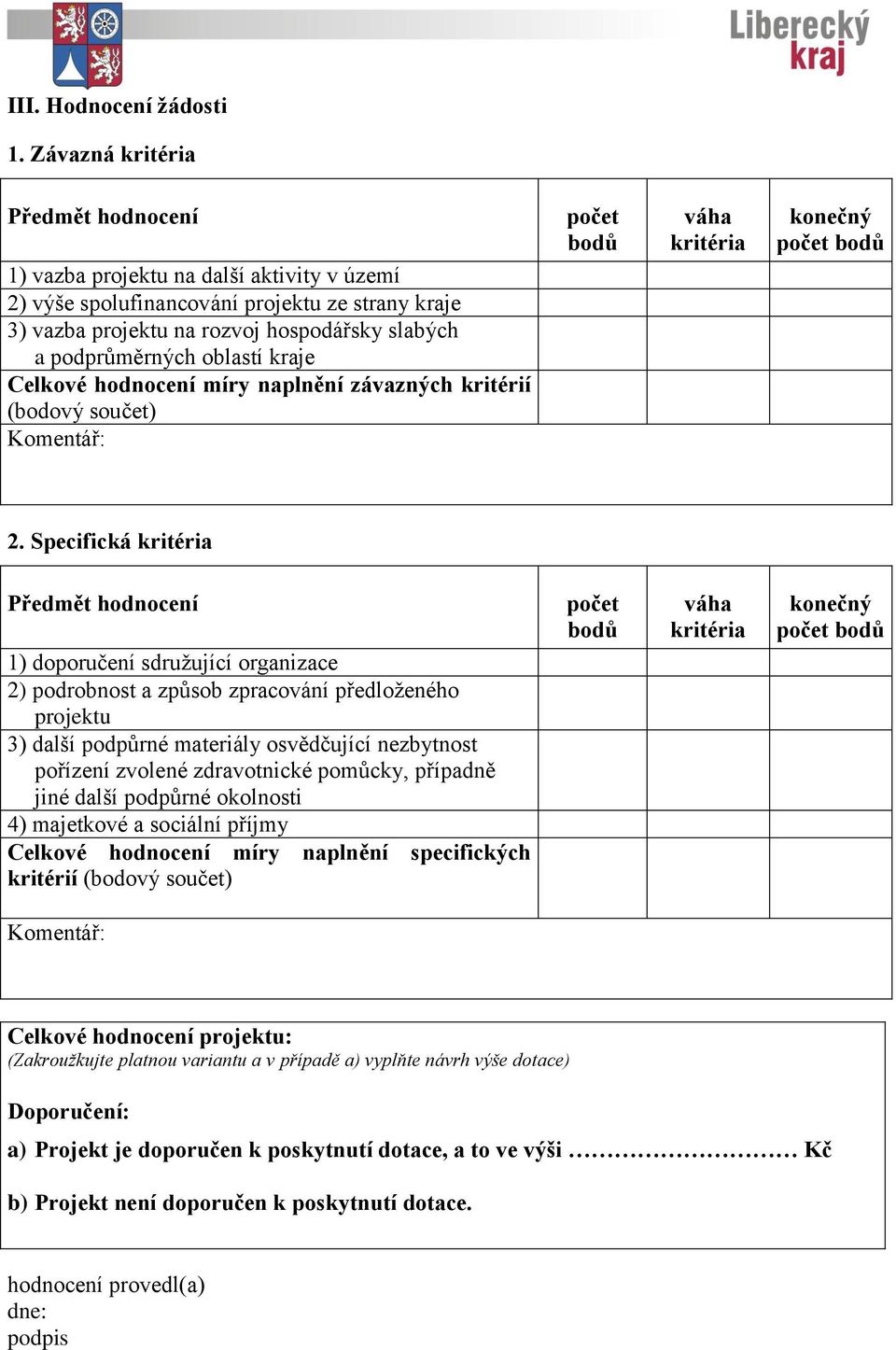 oblastí kraje Celkové hodnocení míry naplnění závazných kritérií (bodový součet) Komentář: počet bodů váha kritéria konečný počet bodů 2.