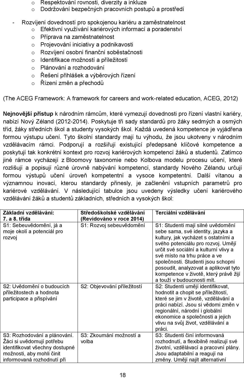 rozhodování o Řešení přihlášek a výběrových řízení o Řízení změn a přechodů (The ACEG Framework: A framework for careers and work-related education, ACEG, 2012) Nejnovější přístup k národním rámcům,