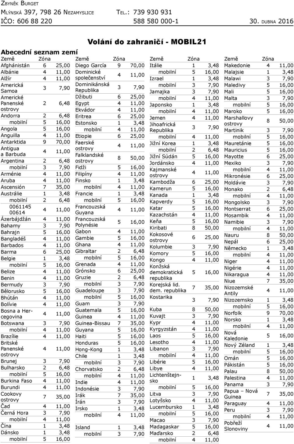 Francouzská Polynésie Gabon Gambie Ghana Gibraltar 2 6,48 Grenada Grónsko 6 25,00 Gruzie 2 6,48 Guadeloupe 3 7,90 Guam 3 7,90 Guatemala Guinea Guinea-Bissau 7 35,00 Guyana Haiti Honduras Hong-Kong 1