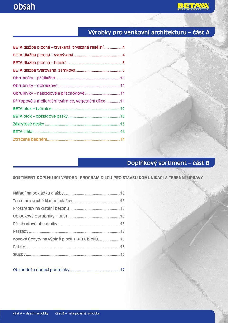 ..13 Zákrytové desky...13 BETA cihla...14 Ztracené bednění...14 Doplňkový sortiment část B SORTIMENT DOPLŇUJÍCÍ VÝROBNÍ PROGRAM DÍLCŮ PRO STAVBU KOMUNIKACÍ A TERÉNNÍ ÚPRAVY Nářadí na pokládku dlažby.
