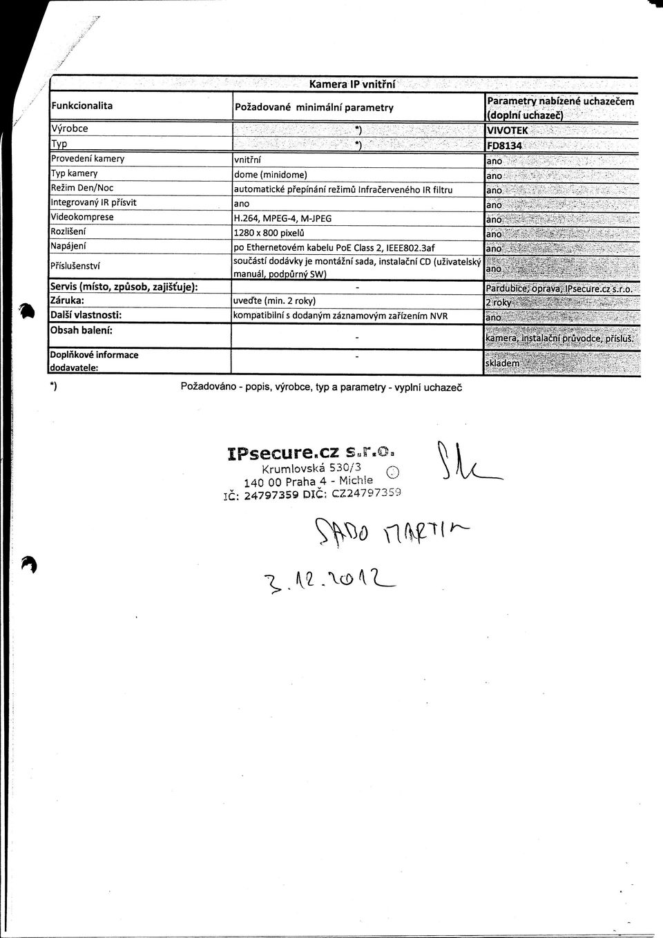 264, MPEG-4, M-JPEG 1280 x 800 pixelu po Ethernetovem kabelu PoE Class 2, IEEE802.3af soucasti dodavkyje montazm'sada, Instalacnf CD (uzivatelsky manual, podpurnysw) - uvectte (min.