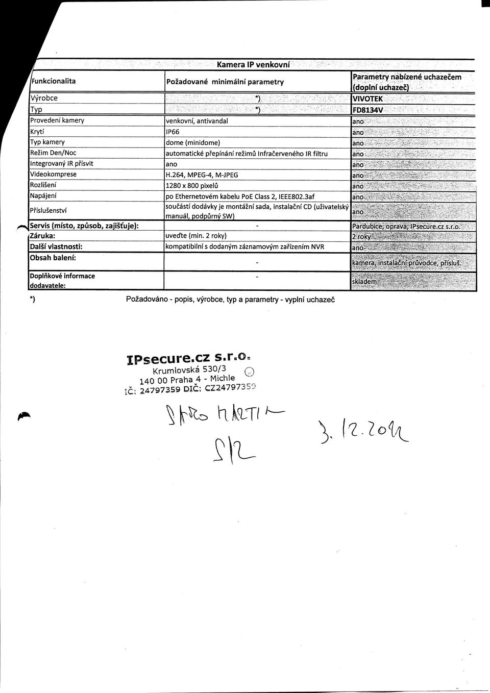 264, MPEG-4, M-JPEG 1280 x 800 pixelu Doplnkove informace - dodavatele: *) Pozadov - popis, vyrobce, typ a parametry - vyplni uchazec *) *) po Ethernetovem kabelu PoE Class 2, IEEE802.