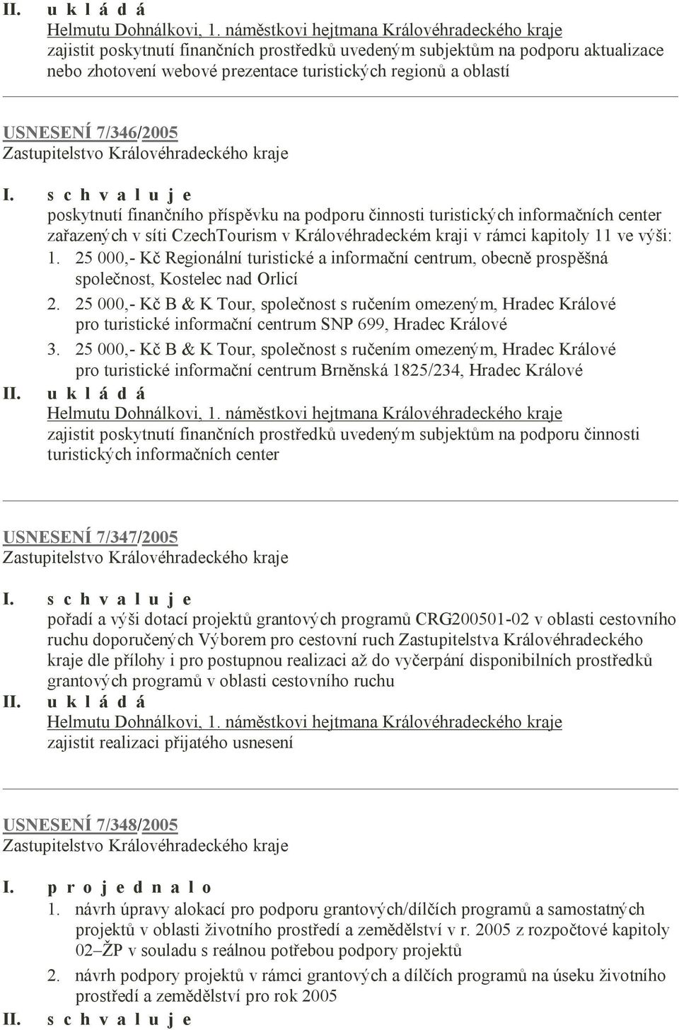 USNESENÍ 7/346/2005 poskytnutí finančního příspěvku na podporu činnosti turistických informačních center zařazených v síti CzechTourism v Královéhradeckém kraji v rámci kapitoly 11 ve výši: 1.