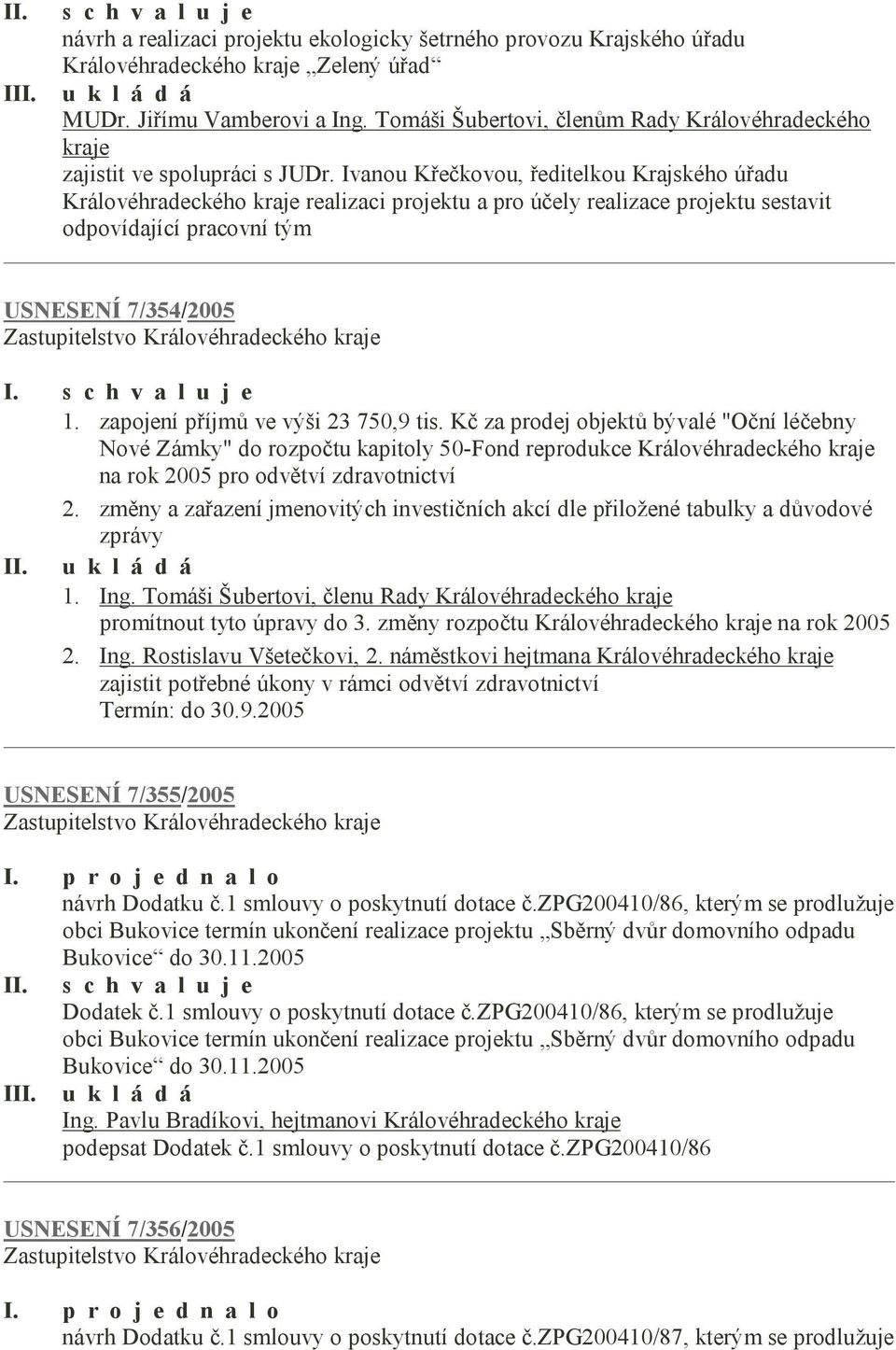 Ivanou Křečkovou, ředitelkou Krajského úřadu Královéhradeckého kraje realizaci projektu a pro účely realizace projektu sestavit odpovídající pracovní tým USNESENÍ 7/354/2005 1.