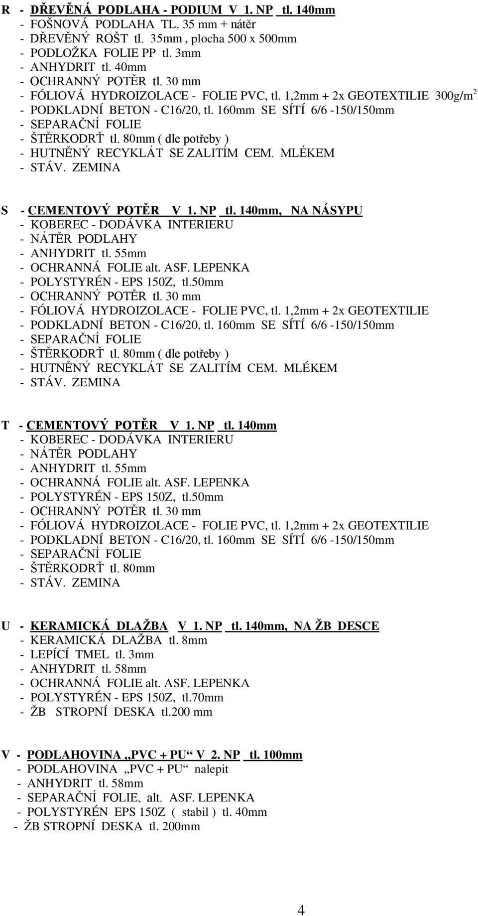 50mm - ŠTĚRKODRŤ tl. 80mm ( dle potřeby ) - HUTNĚNÝ RECYKLÁT SE ZALITÍM CEM. MLÉKEM T - CEMENTOVÝ POTĚR V 1. NP tl. 140mm - KOBEREC - DODÁVKA INTERIERU - ANHYDRIT tl. 55mm - POLYSTYRÉN - EPS 150Z, tl.