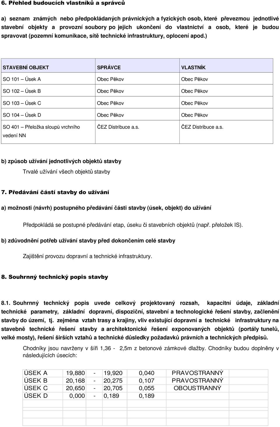 ) STAVEBNÍ OBJEKT SPRÁVCE VLASTNÍK SO 101 Úsek A Obec Pěkov Obec Pěkov SO 102 Úsek B Obec Pěkov Obec Pěkov SO 103 Úsek C Obec Pěkov Obec Pěkov SO 104 Úsek D Obec Pěkov Obec Pěkov SO 401 Přeložka