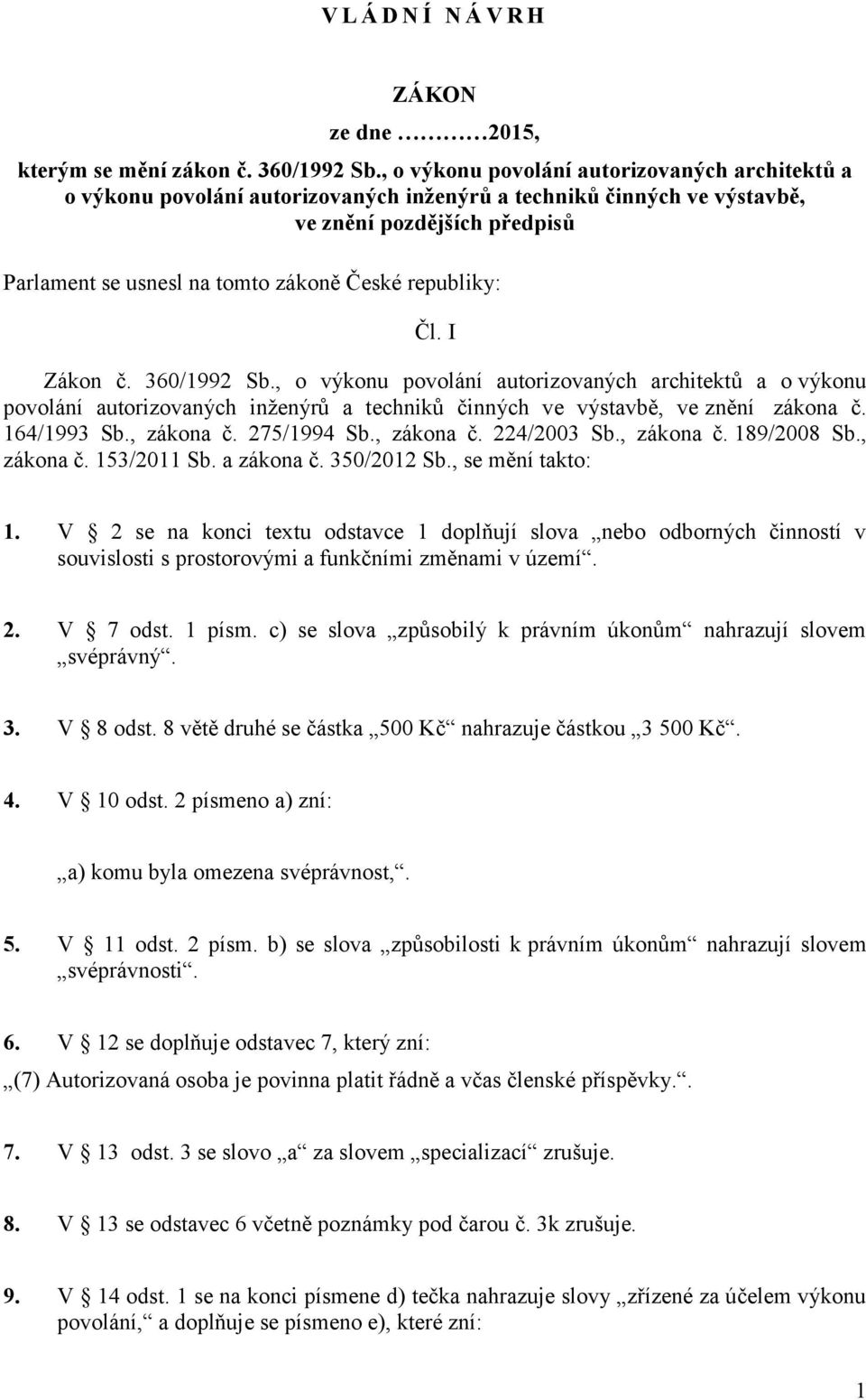 republiky: Čl. I Zákon č. 360/1992 Sb., o výkonu povolání autorizovaných architektů a o výkonu povolání autorizovaných inženýrů a techniků činných ve výstavbě, ve znění zákona č. 164/1993 Sb.