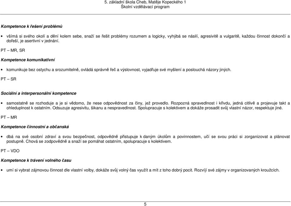 PT SR Sociální a interpersonální kompetence samostatně se rozhoduje a je si vědomo, že nese odpovědnost za činy, jež provedlo.