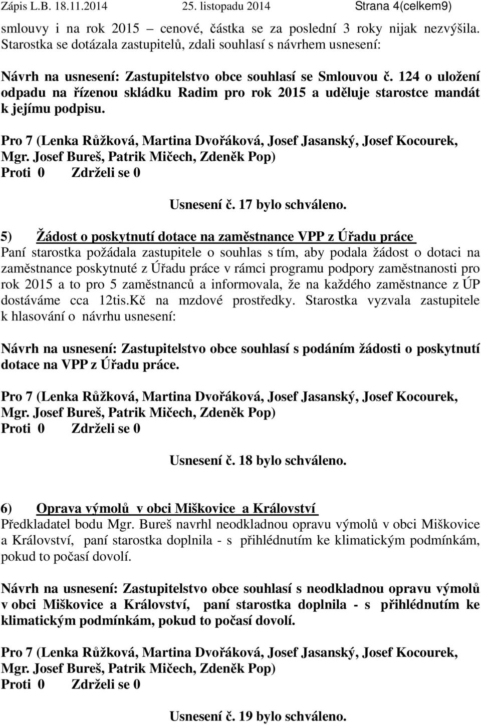 124 o uložení odpadu na řízenou skládku Radim pro rok 2015 a uděluje starostce mandát k jejímu podpisu. Usnesení č. 17 bylo schváleno.