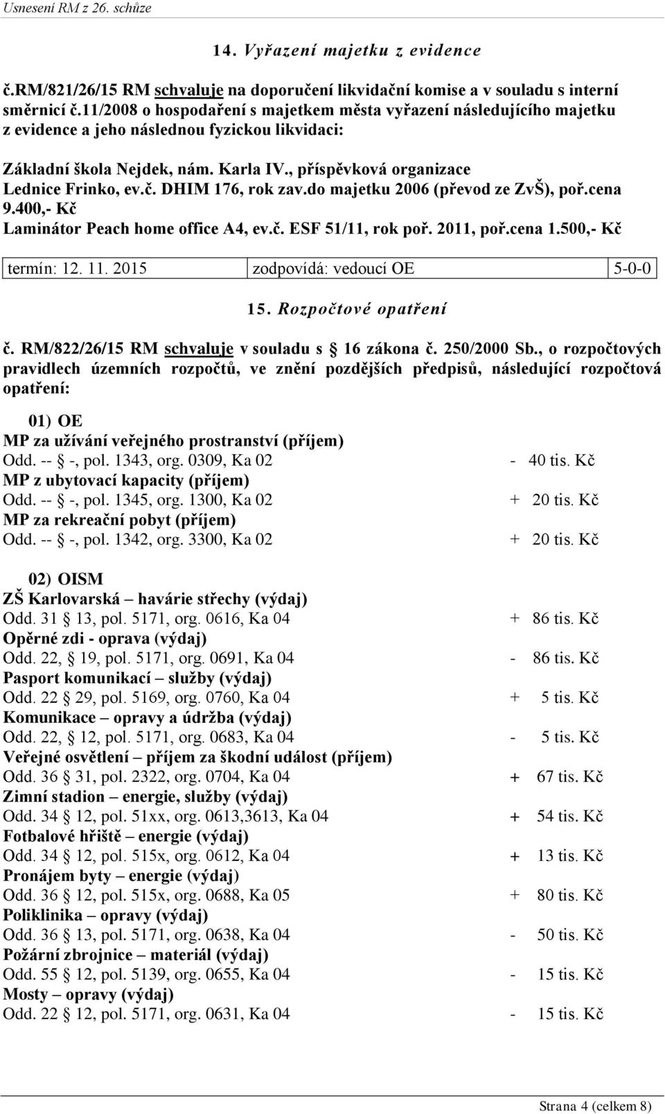 č. DHIM 176, rok zav.do majetku 2006 (převod ze ZvŠ), poř.cena 9.400,- Kč Laminátor Peach home office A4, ev.č. ESF 51/11, rok poř. 2011, poř.cena 1.500,- Kč termín: 12. 11.