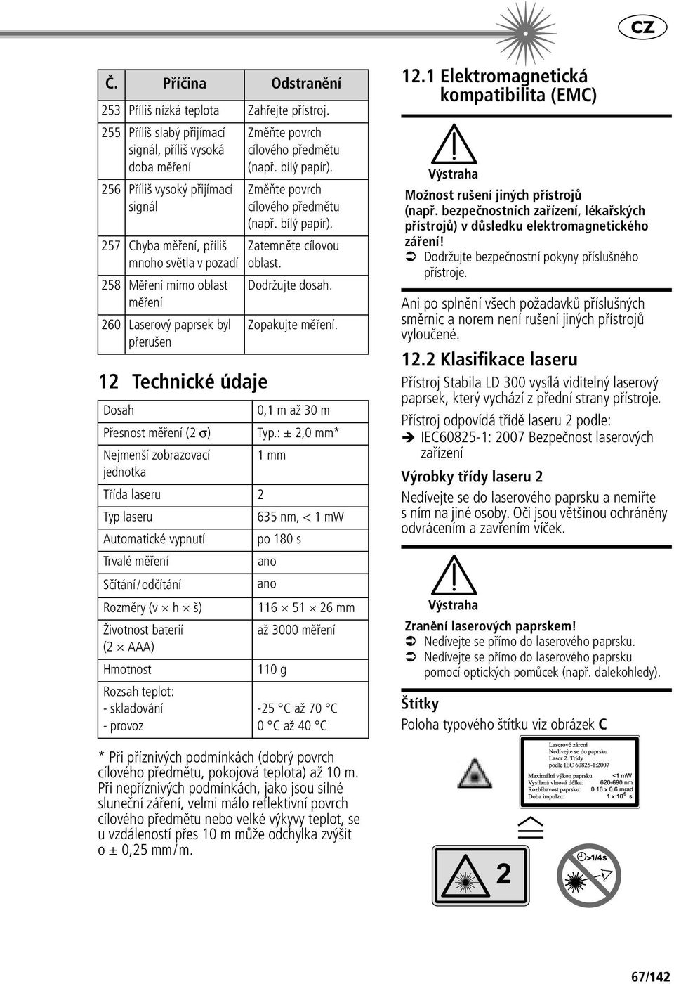 přerušen 12 Technické údaje Změňte povrch cílového předmětu (např. bílý papír). Změňte povrch cílového předmětu (např. bílý papír). Zatemněte cílovou oblast. Dodržujte dosah. Zopakujte měření.