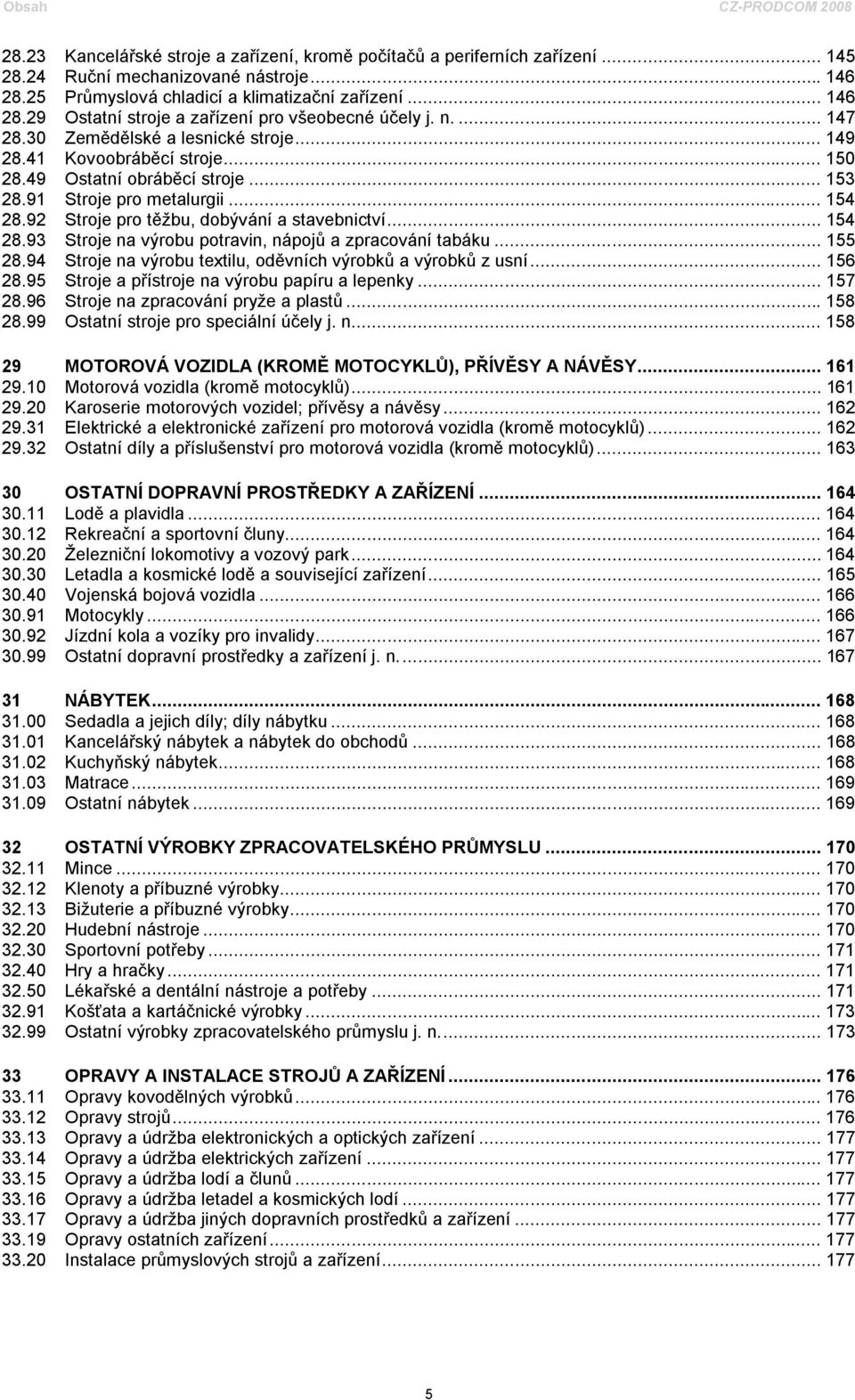 92 Stroje pro těžbu, dobývání a stavebnictví... 154 28.93 Stroje na výrobu potravin, nápojů a zpracování tabáku... 155 28.94 Stroje na výrobu textilu, oděvních výrobků a výrobků z usní... 156 28.