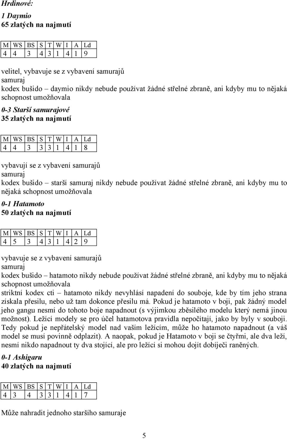 kdyby mu to nějaká schopnost umožňovala 0-1 Hatamoto 50 zlatých na najmutí 4 5 3 4 3 1 4 2 9 vybavuje se z vybavení samurajů samuraj kodex bušido hatamoto nikdy nebude používat žádné střelné zbraně,