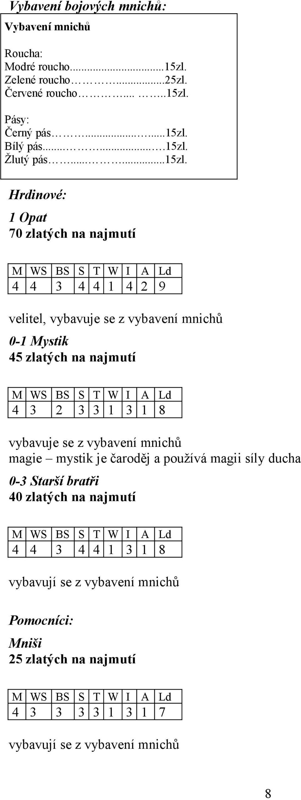 Žlutý pás Hrdinové: 1 Opat 70 zlatých na najmutí 4 4 3 4 4 1 4 2 9 velitel, vybavuje se z vybavení mnichů 0-1 Mystik 45 zlatých na najmutí 4 3 2 3