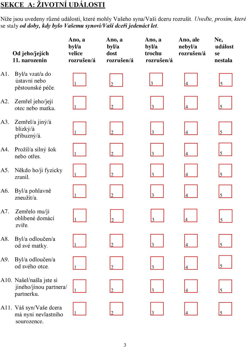 Byl/a vzat/a do ústavní nebo pěstounské péče. A. Zemřel jeho/její otec nebo matka. A. Zemřel/a jiný/á blízký/á příbuzný/á. A. Prožil/a silný šok nebo otřes. A. Někdo ho/ji fyzicky zranil. A6.