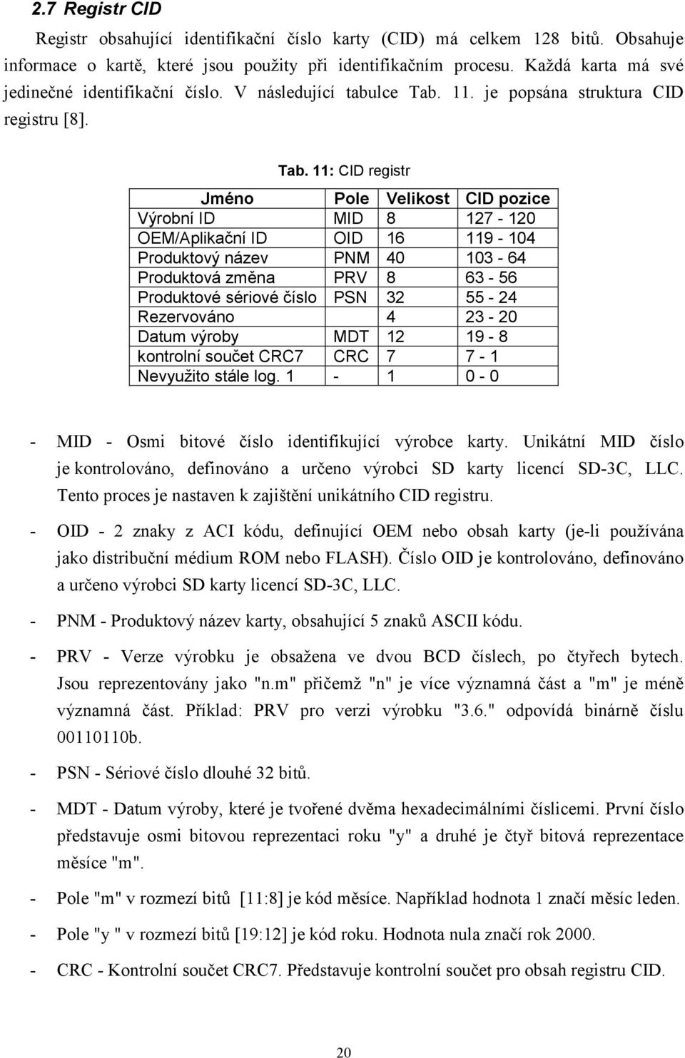 11. je popsána struktura CID registru [8]. Tab.