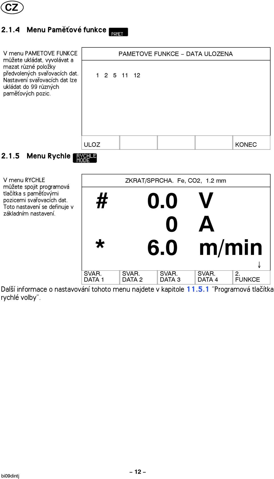 0 V 0 A * 6.0 m/min SVAR. DATA 1 SVAR.