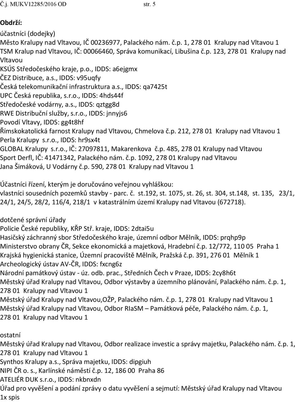 r.o., IDDS: jnnyjs6 Povodí Vltavy, IDDS: gg4t8hf Římskokatolická farnost Kralupy nad Vltavou, Chmelova č.p. 212, Perla Kralupy s.r.o., IDDS: hr9sx4t GLOBAL Kralupy s.r.o., IČ: 27097811, Makarenkova č.