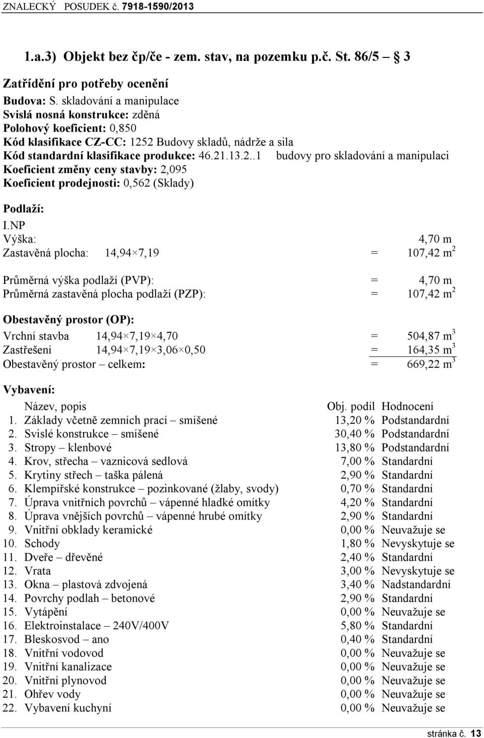 2 Budovy skladů, nádrže a sila Kód standardní klasifikace produkce: 46.21.13.2..1 budovy pro skladování a manipulaci Koeficient změny ceny stavby: 2,095 Koeficient prodejnosti: 0,562 (Sklady) Podlaží: I.