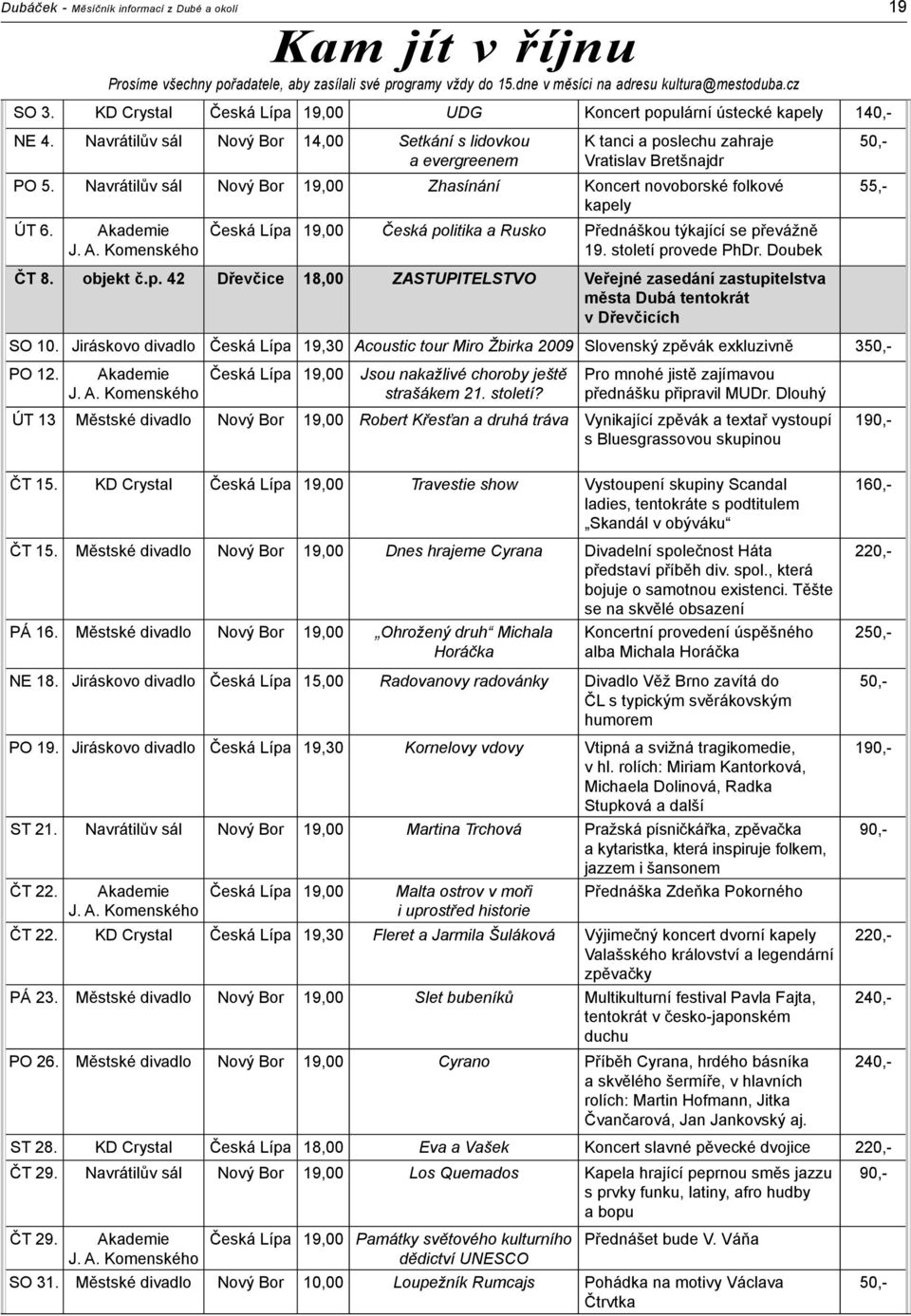 Akademie J. A. Komenského Česká Lípa 19,00 Česká politika a Rusko Přednáškou týkající se převážně 19. století provede PhDr. Doubek SO 3.