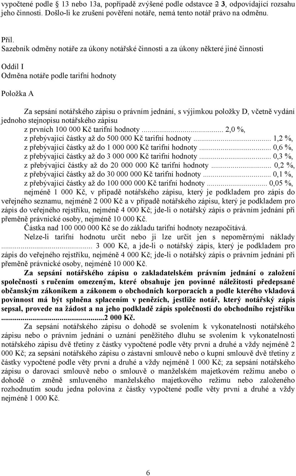 položky D, včetně vydání jednoho stejnopisu notářského zápisu z prvních 100 000 Kč tarifní hodnoty... 2,0 %, z přebývající částky až do 500 000 Kč tarifní hodnoty.