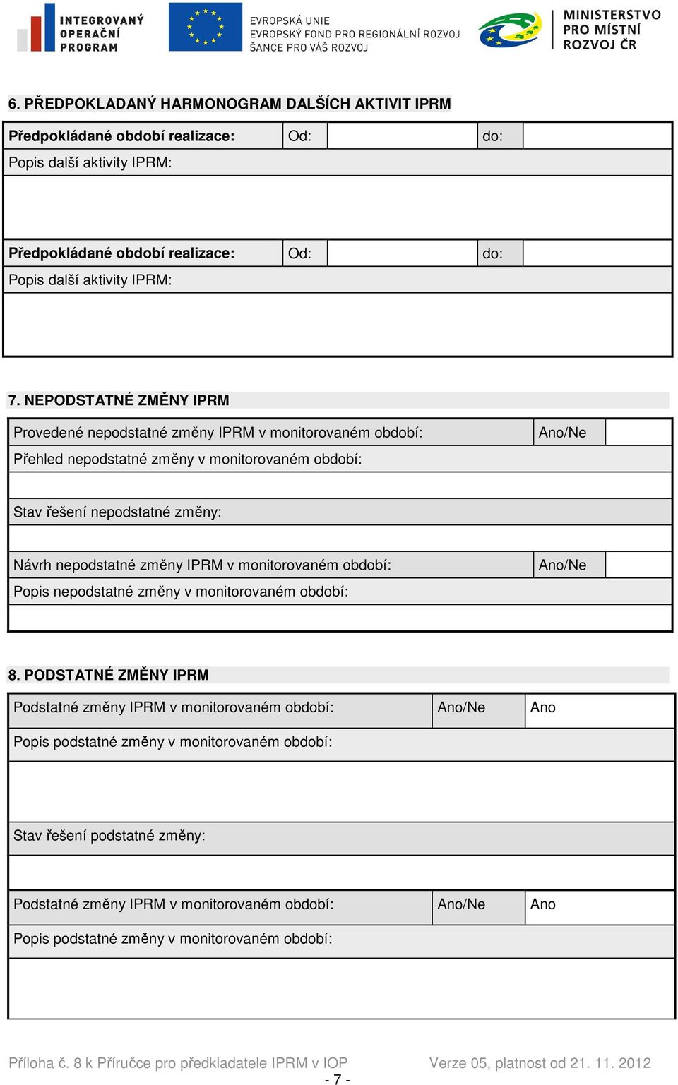 NEPODSTATNÉ ZMĚNY IPRM Provedené nepodstatné změny IPRM v monitorovaném období: Přehled nepodstatné změny v monitorovaném období: Ano/Ne Stav řešení nepodstatné změny: Návrh