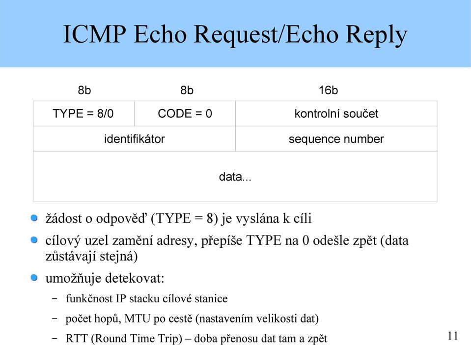 .. žádost o odpověď (TYPE = 8) je vyslána k cíli cílový uzel zamění adresy, přepíše TYPE na 0