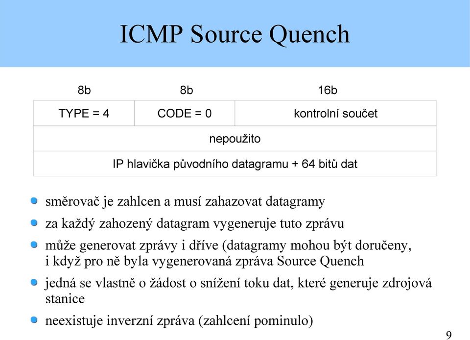 generovat zprávy i dříve (datagramy mohou být doručeny, i když pro ně byla vygenerovaná zpráva Source Quench
