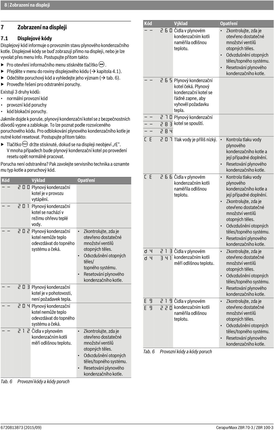 Přejděte v menu do roviny displejového kódu ( kapitola 4.1). Odečtěte poruchový kód a vyhledejte jeho význam ( tab. 6). Proveďte řešení pro odstranění poruchy.