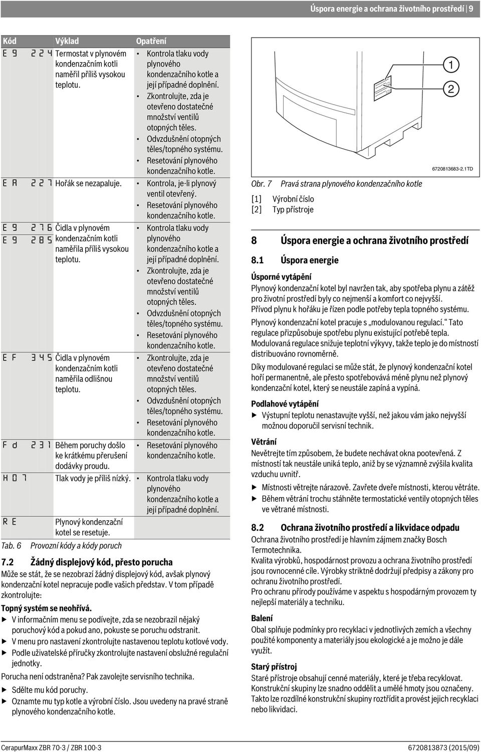 E 9 2 7 6 Čidla v plynovém E 9 2 8 5 kondenzačním kotli naměřila příliš vysokou teplotu. E F F d 3 4 5 Čidla v plynovém kondenzačním kotli naměřila odlišnou teplotu.