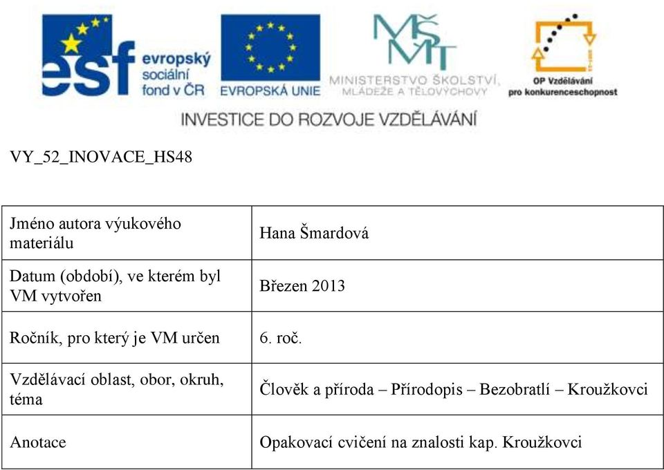 obor, okruh, téma Anotace Hana Šmardová Březen 2013 6. roč.