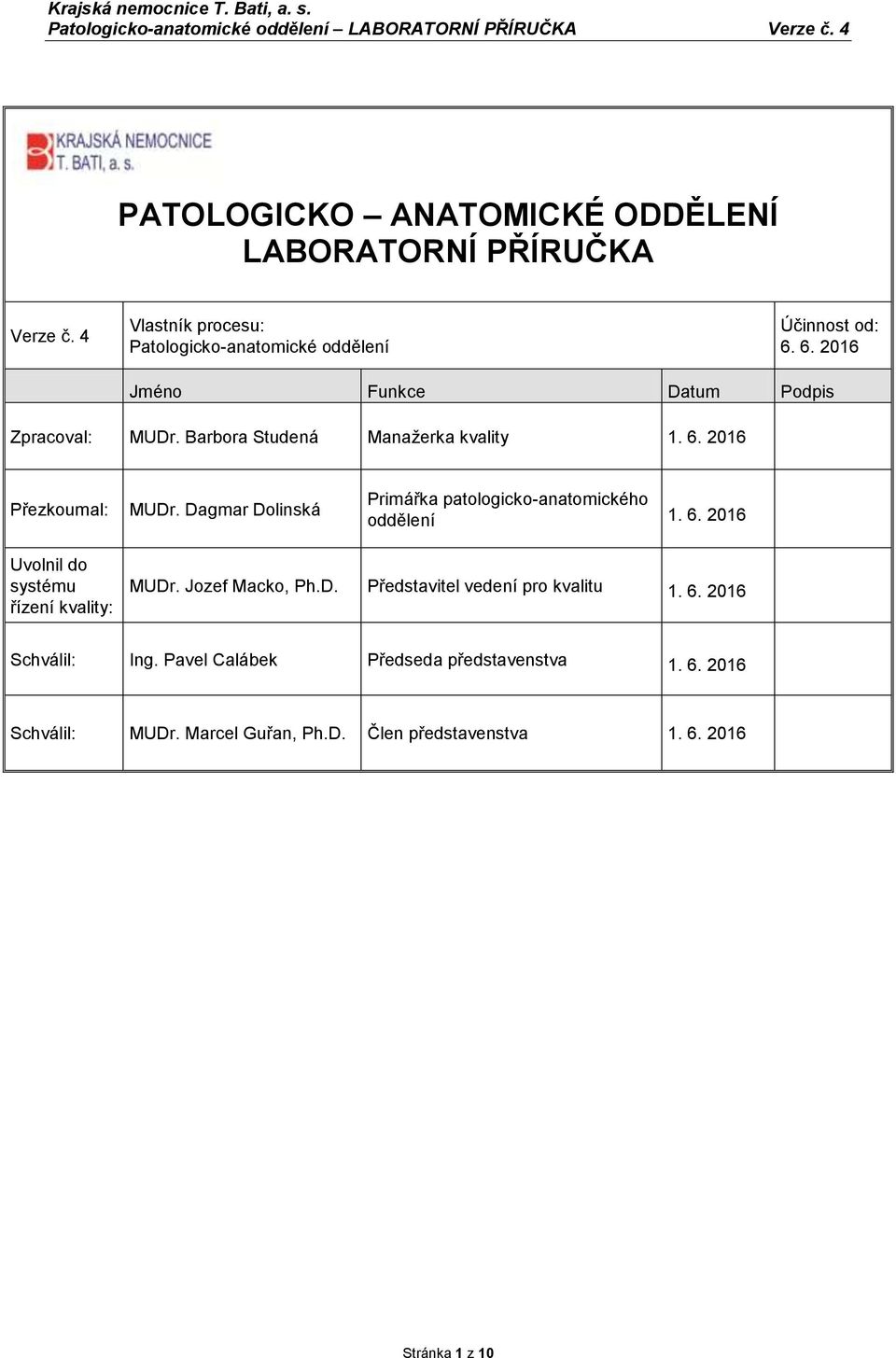 Dagmar Dolinská Primářka patologicko-anatomického oddělení 1. 6. 2016 Uvolnil do systému řízení kvality: MUDr. Jozef Macko, Ph.D. Představitel vedení pro kvalitu 1.