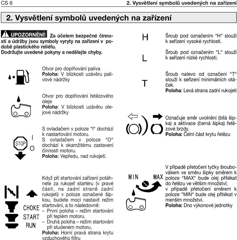 Otvor pro doplňování paliva Poloha: V blízkosti uzávěru palivové nádržky Otvor pro doplňování řetězového oleje Poloha: V blízkosti uzávěru olejové nádržky S ovladačem v poloze I dochází k