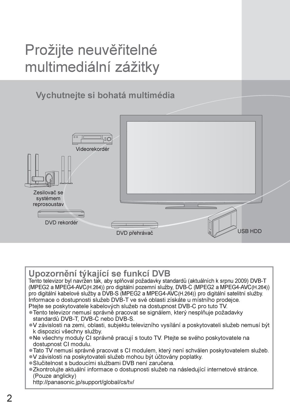 264)) pro digitální kabelové služby a DVB-S (MPEG2 a MPEG4-AVC(H.264)) pro digitální satelitní služby. Informace o dostupnosti služeb DVB-T ve své oblasti získáte u místního prodejce.