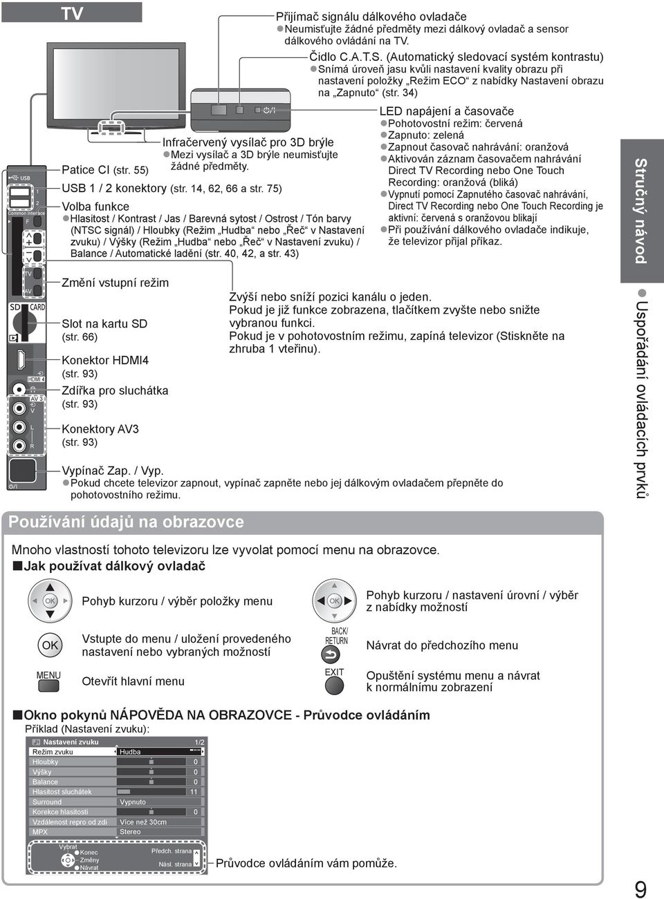 Balance / Automatické ladění (str. 40, 42, a str. 43) Přijímač signálu dálkového ovladače Neumisťujte žádné předměty mezi dálkový ovladač a sensor dálkového ovládání na. Čidlo C.A.T.S.