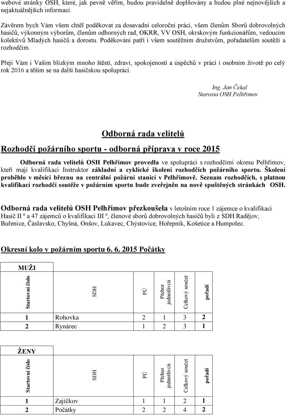 kolektivů Mladých hasičů a dorostu. Poděkování patří i všem soutěžním družstvům, pořadatelům soutěží a rozhodčím.