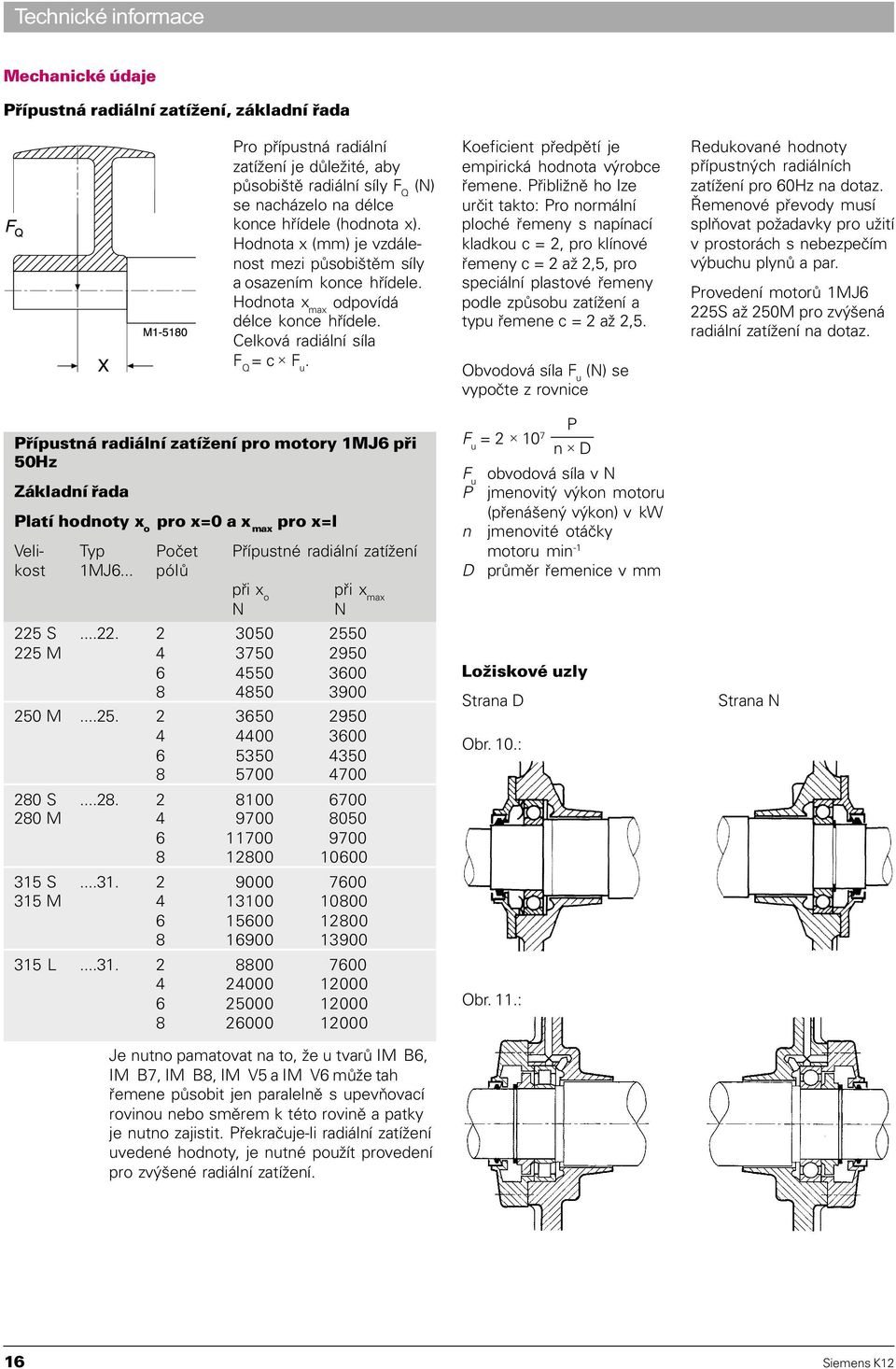 Pøípustná radiální zatížení pro motory 1MJ6 pøi 50Hz Základní øada Platí hodnoty x o pro x=0 a x max pro x=l Veli- Typ Poèet Pøípustné radiální zatížení kost 1MJ6.