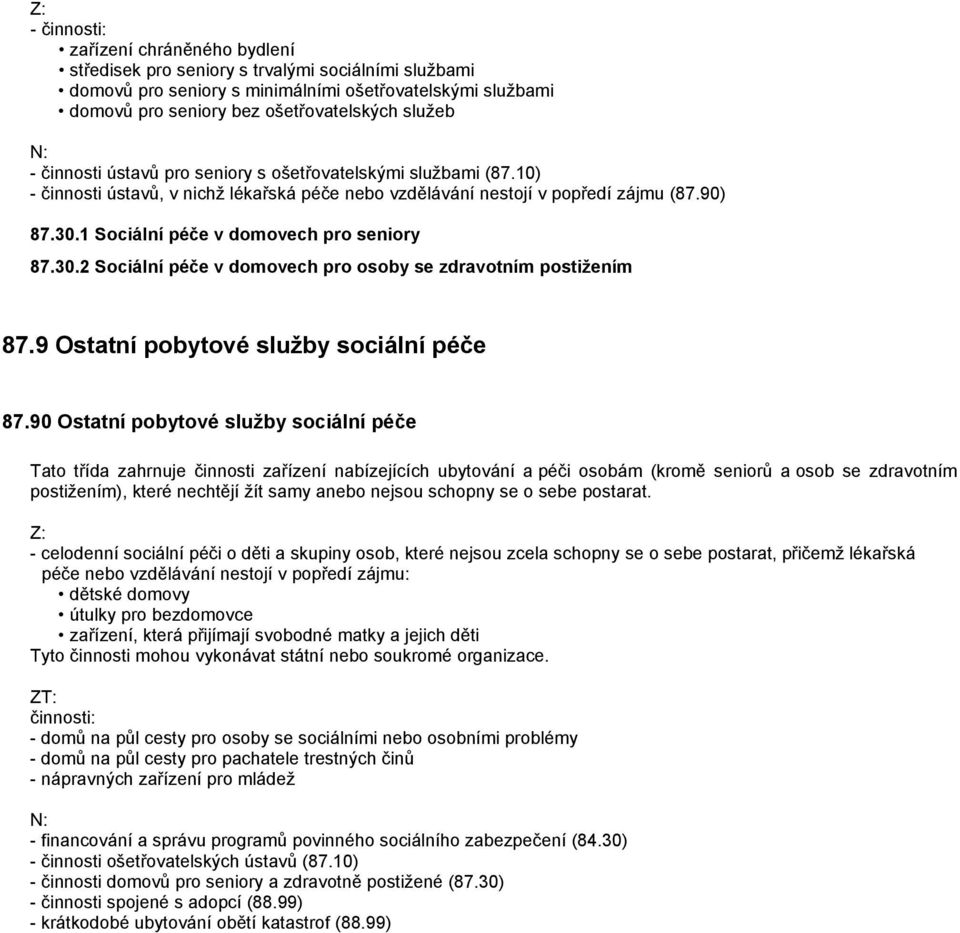 1 Sociální péče v domovech pro seniory 87.30.2 Sociální péče v domovech pro osoby se zdravotním postižením 87.9 Ostatní pobytové služby sociální péče 87.