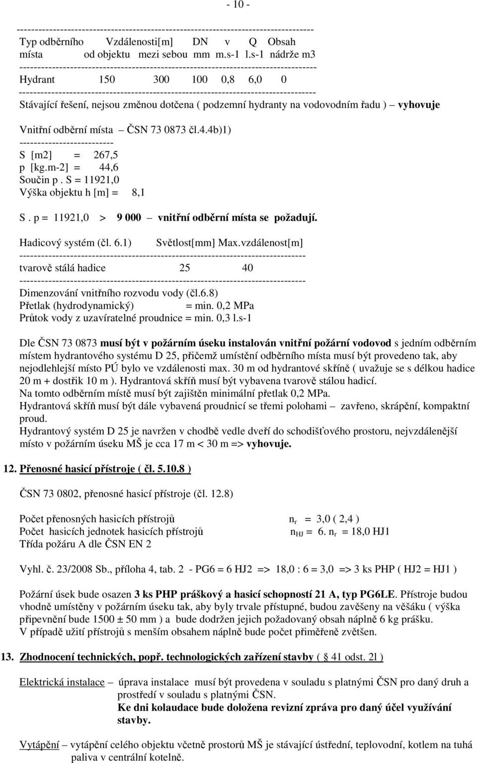 ---------------------------------------------------------------------------------- Stávající řešení, nejsou změnou dotčena ( podzemní hydranty na vodovodním řadu ) vyhovuje Vnitřní odběrní místa ČSN