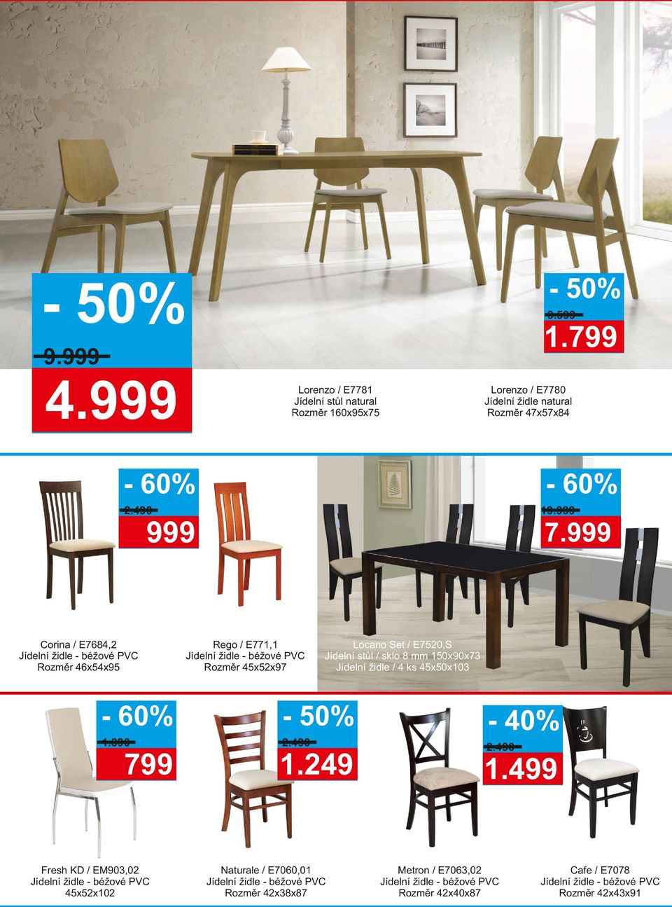 999 Rego / E771,1 Jídelní židle - béžové PVC Rozměr 45x52x97 Locano Set / E7520,S Jídelní stůl / sklo 8 mm 150x90x73 Jídelní židle / 4 ks 45x50x103 1.890 2.