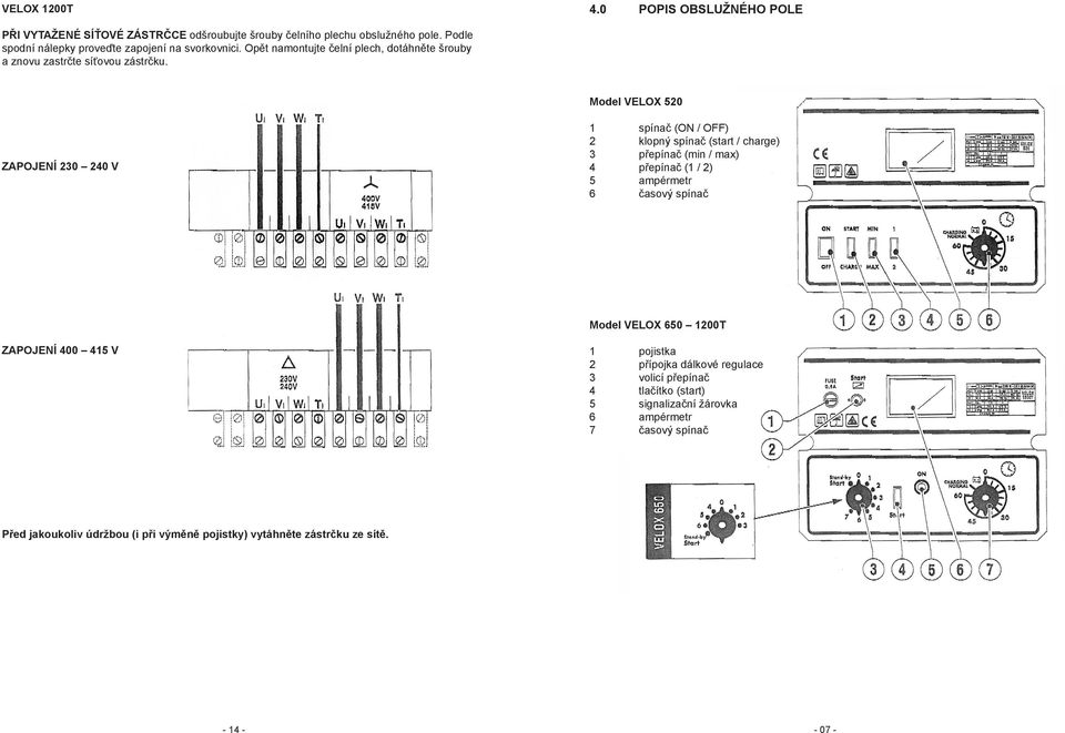 Model VELOX 520 ZAPOJENÍ 230 240 V 1 spínač (ON / OFF) 2 klopný spínač (start / charge) 3 přepínač (min / max) 4 přepínač (1 / 2) 5 ampérmetr 6 časový spínač Model