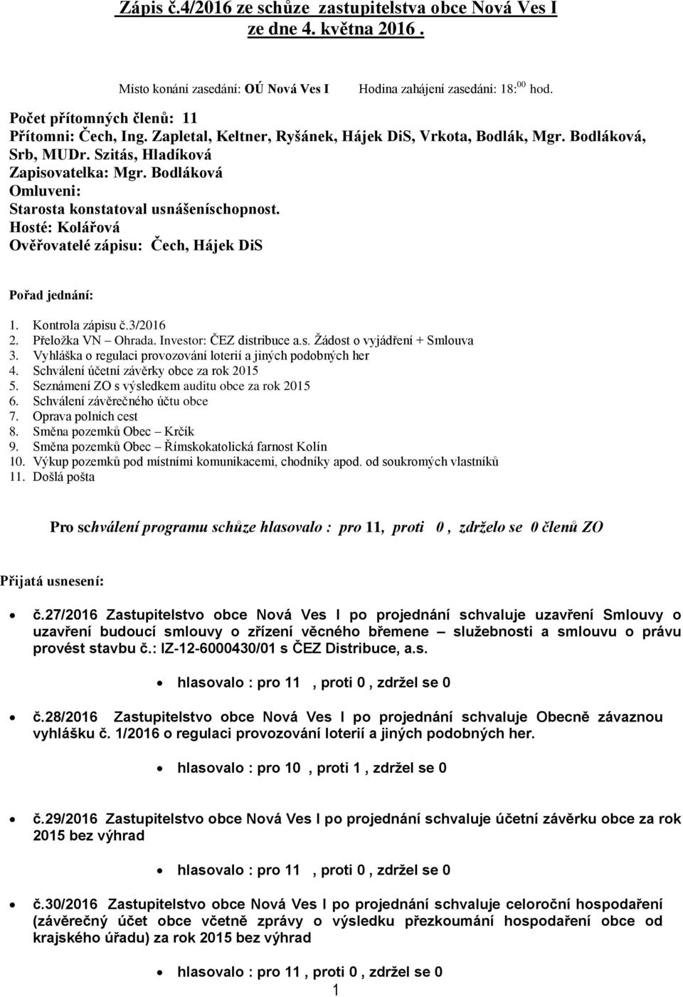 Bodláková Omluveni: Starosta konstatoval usnášeníschopnost. Hosté: Kolářová Ověřovatelé zápisu: Čech, Hájek DiS Pořad jednání: 1. Kontrola zápisu č.3/2016 2. Přeložka VN Ohrada.