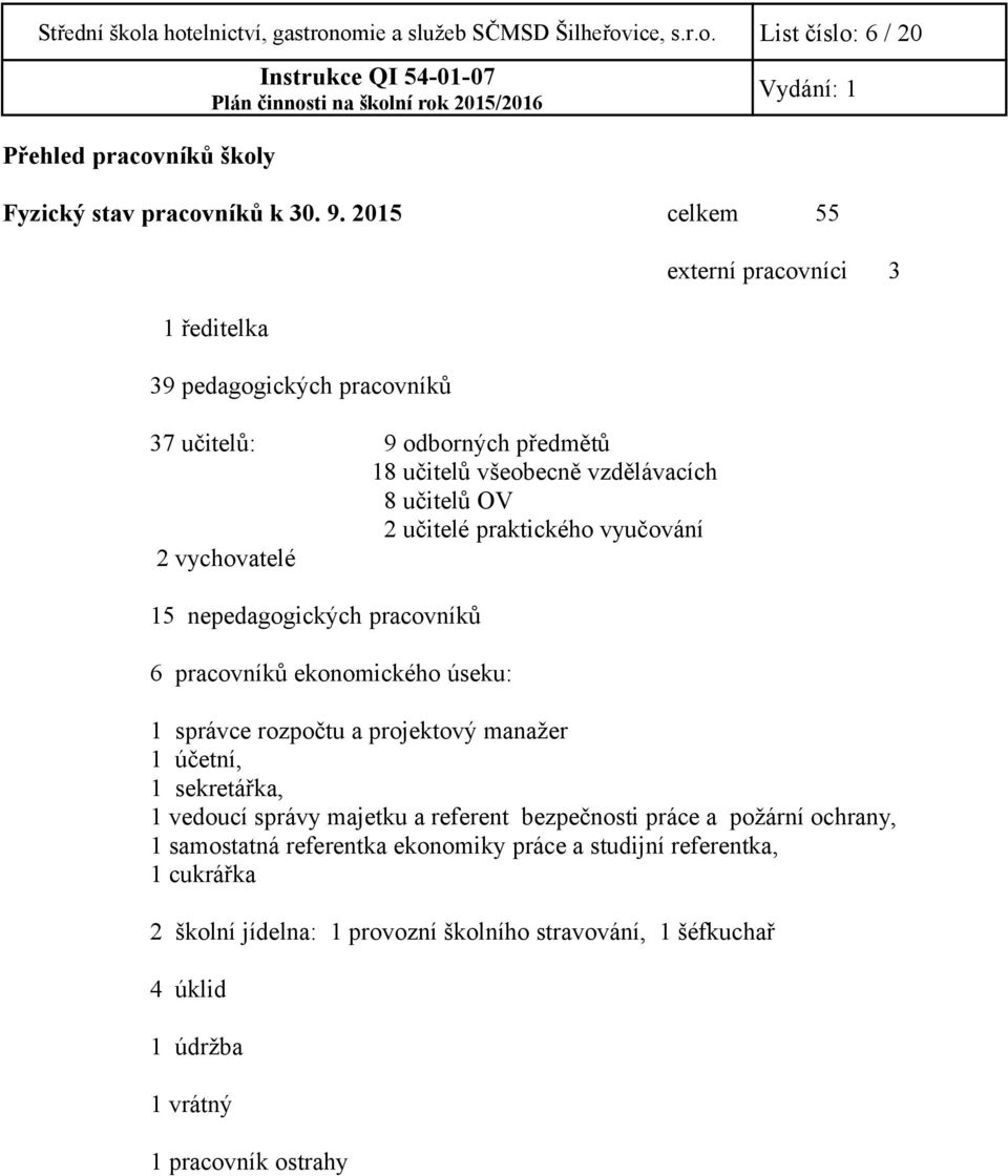 nepedagogických pracovníků 6 pracovníků ekonomického úseku: externí pracovníci 3 1 správce rozpočtu a projektový manažer 1 účetní, 1 sekretářka, 1 vedoucí správy majetku a referent